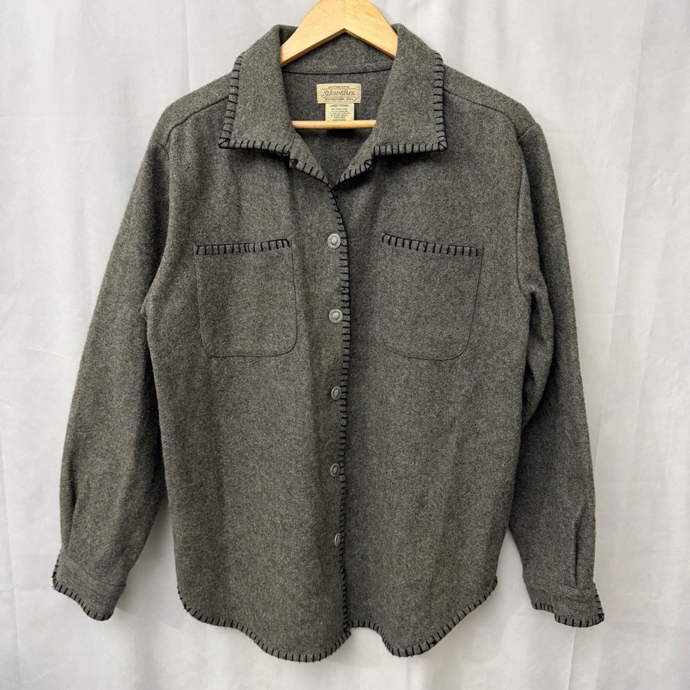 St Johns Bay Womens Gray Wool Blend Blanket Stitch Button Front Shirt Jacket L